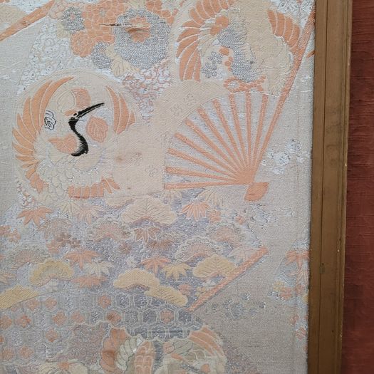 Early 20th C framed silk obi wall panel