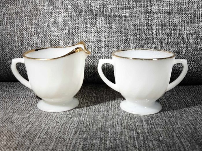 PRICE DROP ... Vintage Fire King White Swirl Creamer, Sugar Bowl and Cake Plate Set with Gold Trim, Opaque White Milk Glass. 1950s