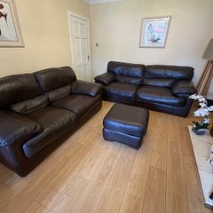 Leather sofa x 2 & footstool