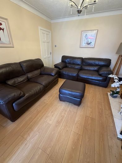Leather sofa x 2 & footstool