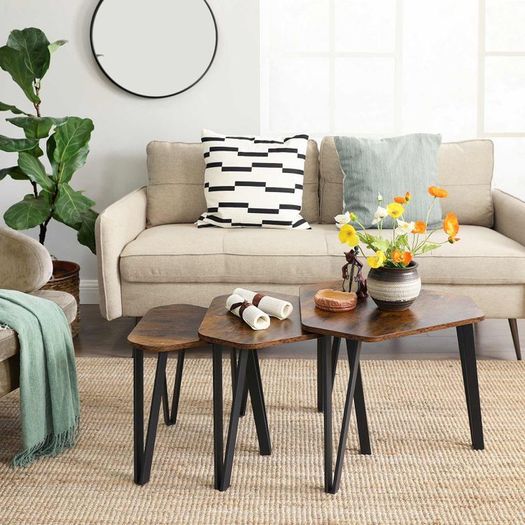 3 pieces bedside tables coffee table side table set, 3 pieces bedside tables, coffee tables, with metal legs, simple construction, industrial design, vintage brown-black