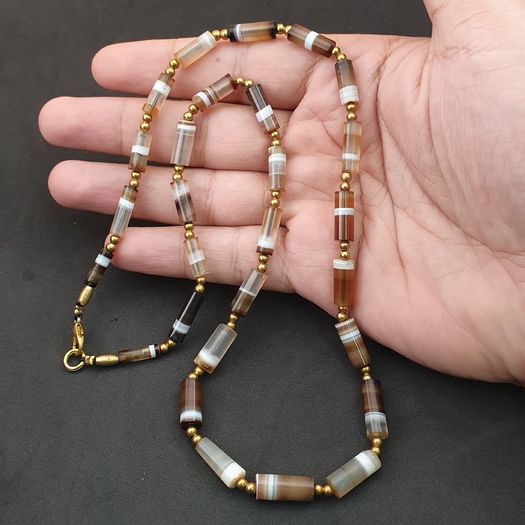 Authentic Antique Yemeni Banded Agate Beads Necklace 22 inches