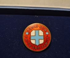 Antique Edwardian Welsh "Teulu Duw Faith & Family" blue cross enamel badge.
