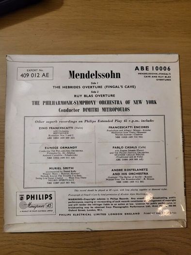 Mendelssohn The Hebrides Fingals Cave Ruy Blas 7 inch EP Philips ABE 1006