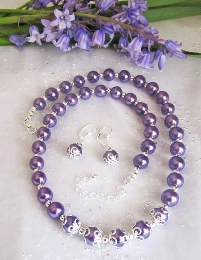 Beaded Deep Purple and Silver Matching Set Necklace and Earrings