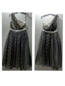 Midi dress one shoulder gold with stars print mesh overlay