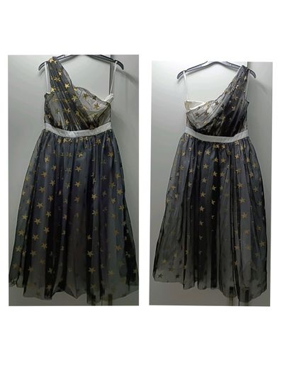 Midi dress one shoulder gold with stars print mesh overlay