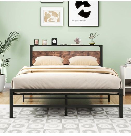 Double Bed Frame,Metal Platform Bed 135x190 cm,Brown No Box Spring Needed,Steel Slats Mattress Base,with Wood Storage Headboard,Noise Free,Black Double Bed Frame,Easy Assembly