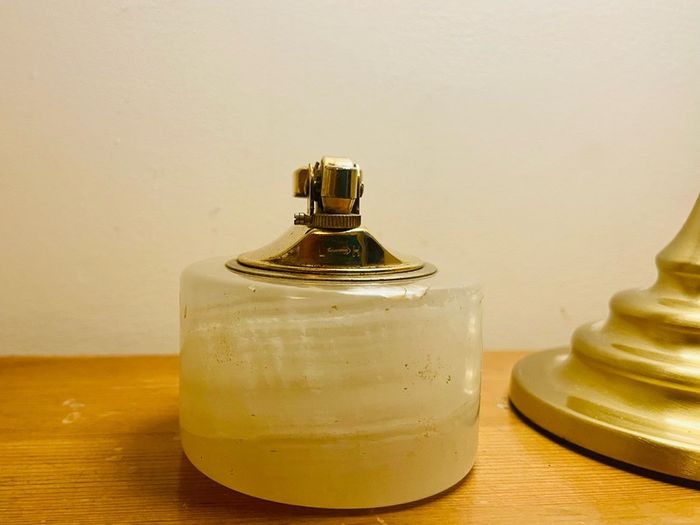Vintage Azizoff of London Onyx Marble and Brass Table Lighter 60s or 70s