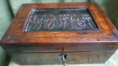 Vintage Wood Box, wood and Metal top Table Desktop Storage Box with key