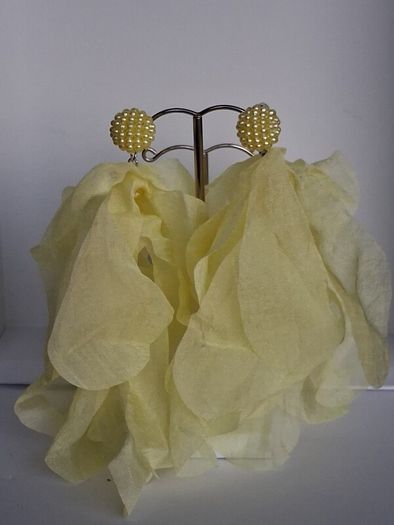 Lemon Yellow Pearl Cluster Stud Glass Inlay Extravagant Chiffon Petal Tassel Earrings