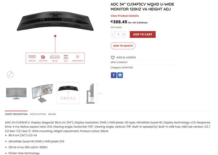 Current Model. 34" AOC exDemo Curved Ultrawide Computer screen, Height Adjustable, with 4 Year AOC warranty.