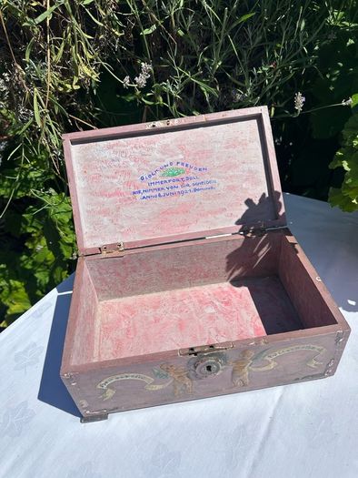 Hand painted wooden box with roses and cherubs