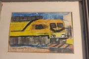 Small  framed drawing of train at station signed by Leo O'Connor 99 art work