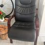 Pair of Black Leather Office / Visitor Armchairs with Mahogany Wooden Arms Image 6