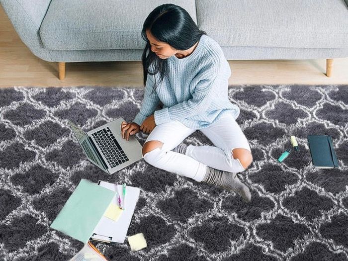 Luxury Velvet Shag Area Rug Modern Indoor Plush Fluffy Rugs, Extra Soft and Comfy Carpet, Geometric Moroccan Rugs for Bedroom Living Room Girls Kids Nursery, 5x8 Feet Dark Grey/White MULTIPLE COLOURS AVAILABLE (FREE POSTAGE)