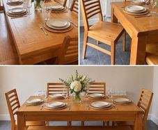 Solid wood dining table with matching chairs and bench