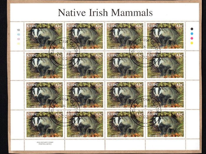2002 Ireland Native Irish Mammals (41c Badger, 50c Otter, 57c Red Squirrel & E1 Hedgehog) Commemorative Stamp Sheetlet Fine Used with Dublin CDS cancel of 23rd April 2002 (Frist day of issued) on envelope extract.