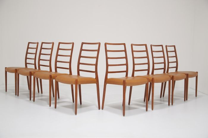 Mid Century Set of 8 x Teak and Tan Leather Dining Chairs Model 82 by Niels Otto Moller, 1960s