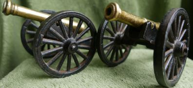 Vintage Brass and Cast Iron Cannons - Moving Wheels - Adjustable Mini Cannon - Set of 2