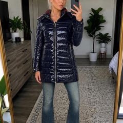 Tommy Hilfiger Glossy MW Sorona Puffer Coat Size L Navy Blue High Shine Jacket Brand New With Tags