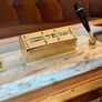 Tabletop Perpetual Calendar with Two Penholders on Marble Onyx Stand on teak Coloured Wooden Base Image 10