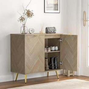 Sideboards for Living Room Wooden Storage Cabinet Herringbone Small Sideboard with Adjustable Shelves