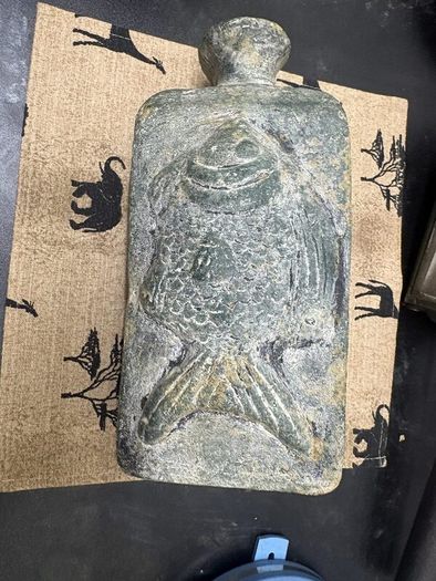 Vintage Fish-Design Pottery Bottle Vase Rustic Green Finish