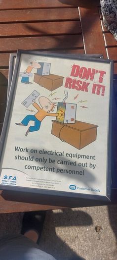 2 x framed safety pictures for ESB illustrated images,,,buyer collects, nice for any advertising wall display,,one glass broke on one picture,but can be easy replace ,,sold as seen,I reckon 80s 90s