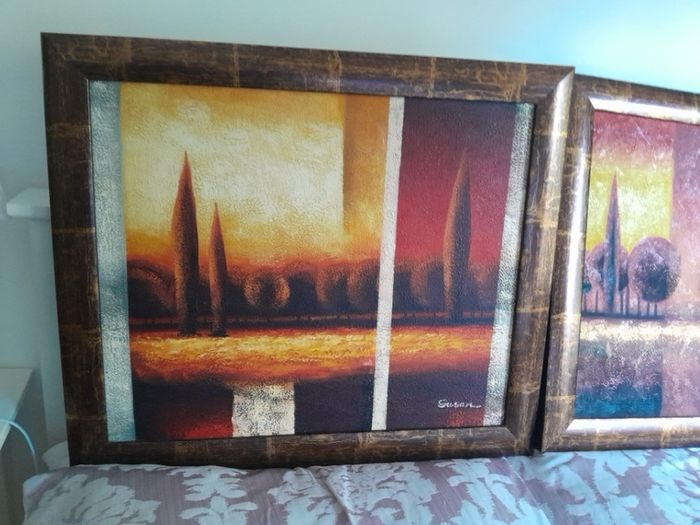 2 paintings in brown and gold frames, lovly autumn colours