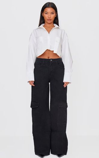 PLT Washed Black Cargo Side Pocket Wide Leg Jeans Size 10!
