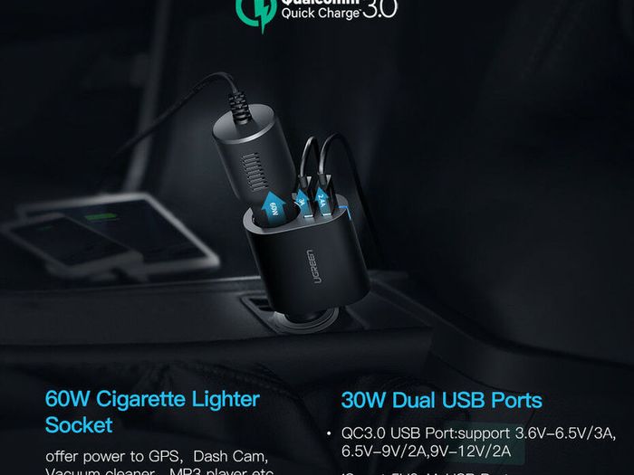 Ugreen QC 3.0 Car Quick Charger Adapter Car Cigarette Lighter Splitter 60W Dual USB (Brand New/Warranty)