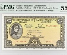 Ireland | 1974 | 5 Pounds | P.65c | 74 A 135489 | Pmg Graded | Aunc