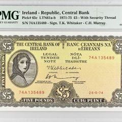 Ireland | 1974 | 5 Pounds | P.65c | 74 A 135489 | Pmg Graded | Aunc
