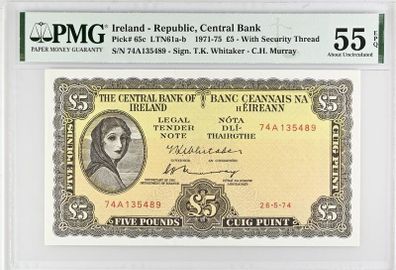 Ireland | 1974 | 5 Pounds | P.65c | 74 A 135489 | Pmg Graded | Aunc