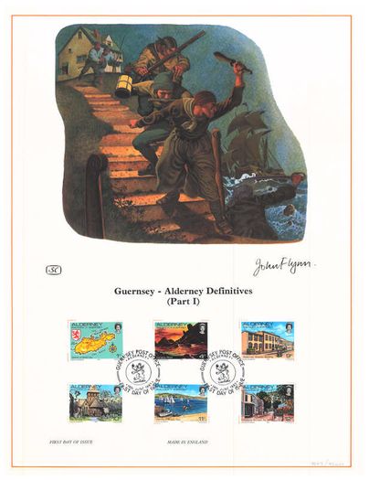 1983 Alderney Limited Edition Lithographed Print measuring 333mm X 257mm showing Alderney Definitive (Part 1) stamps with First Day of Issue Cancel