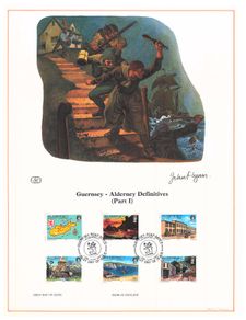 1983 Alderney Limited Edition Lithographed Print measuring 333mm X 257mm showing Alderney Definitive (Part 1) stamps with First Day of Issue Cancel