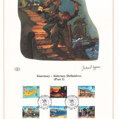 1983 Alderney Limited Edition Lithographed Print measuring 333mm X 257mm showing Alderney Definitive (Part 1) stamps with First Day of Issue Cancel