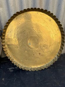 vintage large solid brass or copper arabic piecrust charger