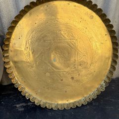 vintage large solid brass or copper arabic piecrust charger