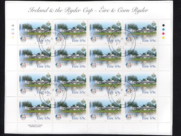 2005 Ireland Ryder Cup Commemorative Stamp Sheetlet Plate 1B1B1B1B Fine CDS Used with Dublin cancel of 27th September 2005 (First day of issue) on envelope extract.