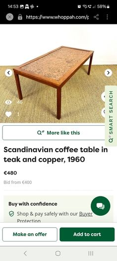 Stunning and Unique/Rare Mid Century Modern Wooden Coffee Table with Smoked Glass and Acid-Etched Copper Inlay and Slatted Magazine Shelf