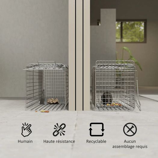 Folding capture cage trap for small animals like rats and mice - 2 doors handle 66 x 24 x 30.5 cm grey steel