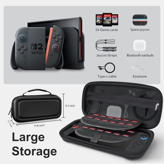 Large Capacity Carrying Case for Nintendo Switch 2 (2025) - 3 in 1 Accessories Bundle with 2 Screen Protectors, Thumb Grip Caps, 24 Game Cards/microSD | Gift Box Edition
