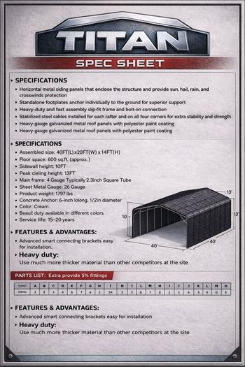 40ft x 20ft Steel Carport Vehicle shelter