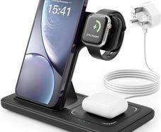 Wireless Charger, 3 in 1 Charging Station, 15W Qi Fast Foldable Magnetic Stand Dock for iPhone 15 14 13 12 11 Pro Max XS XR X 8 Plus, Apple Watch 9 8 7 6 5 4 3 2 SE, AirPods 3 2 Pro(With Adapter)