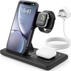 Wireless Charger, 3 in 1 Charging Station, 15W Qi Fast Foldable Magnetic Stand Dock for iPhone 15 14 13 12 11 Pro Max XS XR X 8 Plus, Apple Watch 9 8 7 6 5 4 3 2 SE, AirPods 3 2 Pro(With Adapter)