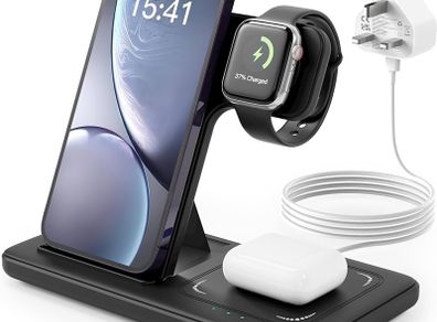 Wireless Charger, 3 in 1 Charging Station, 15W Qi Fast Foldable Magnetic Stand Dock for iPhone 15 14 13 12 11 Pro Max XS XR X 8 Plus, Apple Watch 9 8 7 6 5 4 3 2 SE, AirPods 3 2 Pro(With Adapter)