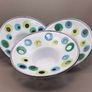 PRICE DROP .. IKEA EMALJ, Candle Holder Dish White Enameled Metal Green Blue Dots, set of 3. 2002 - discontinued. Image 3