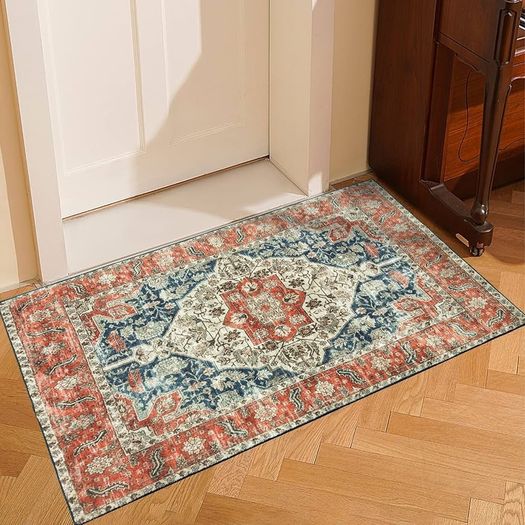 Washable Rugs Small Non Slip Area Rugs for Bedroom Vintage Boho Rug Soft Short Pile Rug Machine Washable Rugs Living Room Indoor Entry Floor Rug Non Shedding Dense Orange Rug 60x110CM